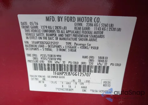 2016 Ford Taurus Sel z USA, uszkodzony, nr VIN 1FAHP2E87GG125707
